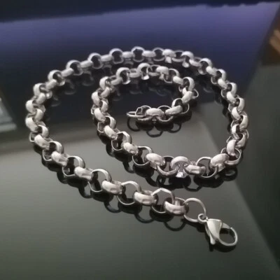 Grande 10mm Hombre Moda Redonda Pulsera Collar Rolo Cadena Plata Acero 7-40" Foto 1 de 4