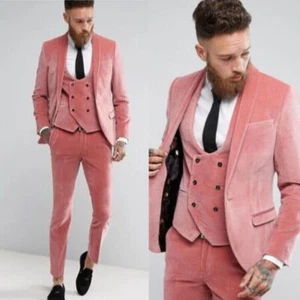 Pink Velvet Men's Suit Casual Tailored Slim Fit Groom Blazer Party Wear 3 Pieces - Picture 1 of 8