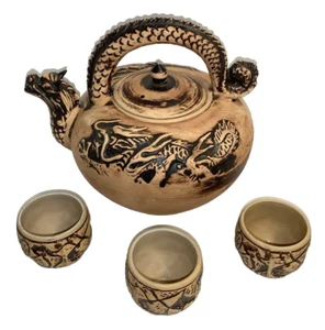 Teiera ceramica drago asiatico vintage manico unico, coperchio e 3 tazze da tè abbinate - Foto 1 di 24