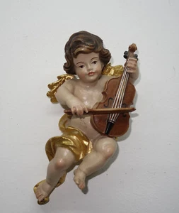 Putte - Ángel Colgante con Violín Violín - 26,5 cm de Alto Pintado Madera, Hoja Dorada - Imagen 1 de 7