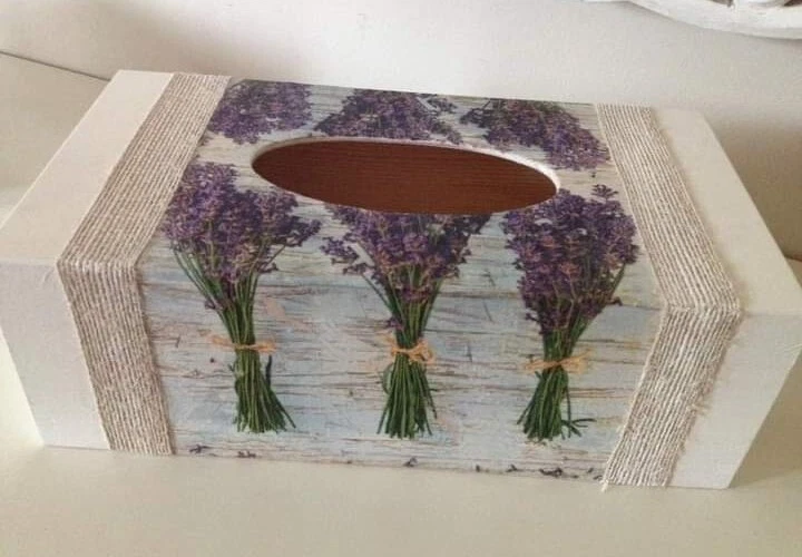 Lavender Flowers Rectangular Long Tissue Box Cover Handcrafted wooden decoupaged - Image 1 of 1