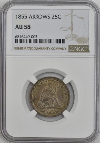 1855 Seated Liberty Quarter 25c Arrows AU58 NGC 947155-1 Cover
