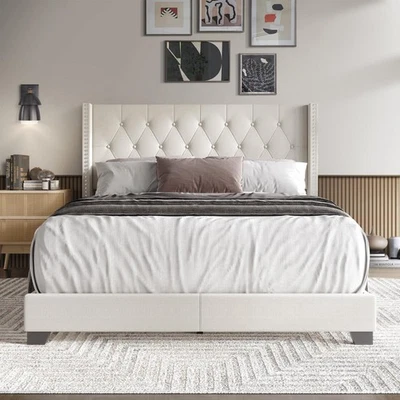 Castle Place Platform Bed Nailhead Trim Wingback Linen Upholstered Button Tufted - Image 1 of 4