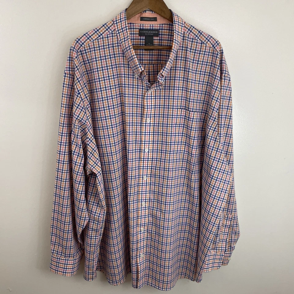 Camisa Saddlebred sin arrugas para hombre 4X naranja y azul a cuadros manga larga botón Foto 1 de 4