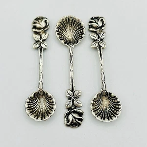 Mini set di 3 cucchiaini di sale smerlato argento 800 vintage rosa Hildesheimer floreale - Foto 1 di 6