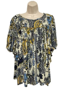 maurices 1x top peasant sle bege blue yellow paisley pleated short flare sleeve - Picture 1 of 10