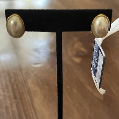 Fleur De Mer Simulated White pearl Pierced Goldtone Bezel earrings - Image 1 of 4