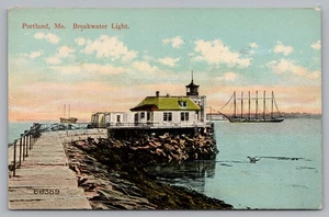 Postcard Breakwater Light Portland Maine Posted Bug Light Posted Tall Ship - Picture 1 of 2