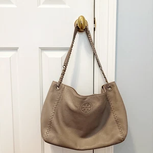 Tory Burch Marion Chain Slouchy Tote Bag French Gray $495.00 FLAW - Picture 1 of 8