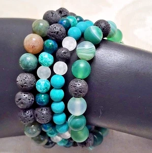 VINTAGE 1980S GEMSTONE STRETCH BRACELET LOT – AVENTURINE, AGATE, LAVA STONE - Picture 1 of 12