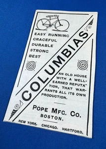VÉLOS vintage Columbias ~ carte commerciale Pope Mfg Co. ~ propre, papier sur carton - Photo 1/5