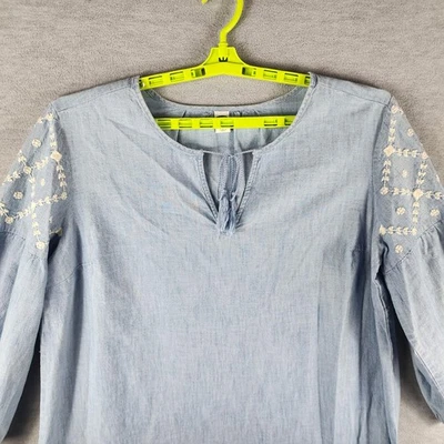 Old Navy Tunic Dress Womens XL Blue Chambray Boho Embroidered 3/4 Sleeve Tassel - Image 1 of 4