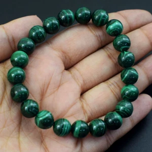 157 Cts Natural Green Malachite Round Shape Stretchable Beads Bracelet JK-38E348 - Picture 1 of 3