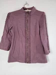 XCVI Women Crotchet Embroidered Full Zip Jacket Medium Purple 3/4 Sleeve Stretch - Picture 1 of 8