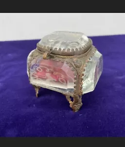 Antique French Bevelled Glass Trinket Box Jewellery Box Etched Glass Rare - Foto 1 di 9