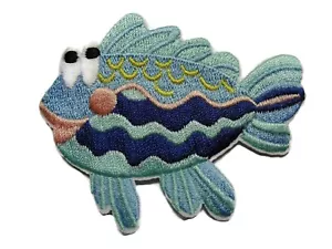 Blue Tones Big Eyed Comical Fish Iron On Applique Patch 2.75 Inches - Picture 1 of 1