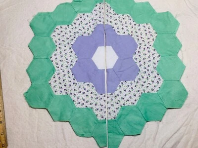 Antique Cotton Fabric 1930s Grandma's Garden 2 Quilt Blocks Hand Pc'd 16.5" - Image 1 of 4