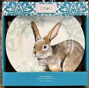 CIROA BLUE DAMASK BUNNY RABBIT DINNER PLATES SET OF 4 - Picture 1 of 1