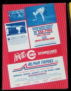 Tarjeta de puntuación de ligas menores de béisbol 1985 Nashville Sounds @ Iowa Cubs - Imagen 1 de 1