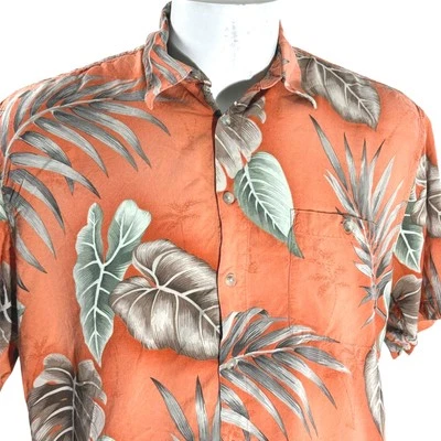 Camisa Hawaiana Campia Moda Grande Floral Tropical Hoja Frondas Grabadas Palmeras Naranja Foto 1 de 4