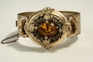 Victorian Floral Engraved Brass Wide Hinged Bangle Bracelet w/Topaz Glass Center - Picture 1 of 18