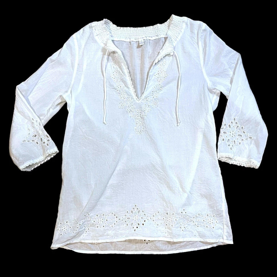 P.J. Blusa Salvage Mujer Blanca Bordada Encaje Boho Informal Costera Talla M Foto 1 de 4