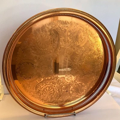Stunning vintage etched copper serving tray; large size must see - Image 1 of 4