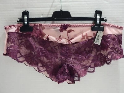 NWTS DONNA LOREN NYLON CHEEKIE PANTY SHEER PINK W/MAROON LACE TRIM MEDIUM - Image 1 of 4