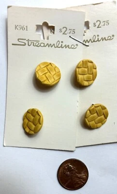 4 pc Yellow Buttons Vintage Streamline  5/8"  Basketweave Design Shank NEW - Image 1 of 2