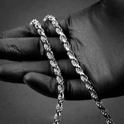 Collar de cadena de cuerda de 6 mm enchapado en rodio de plata de ley 925 para hombre Foto 1 de 4