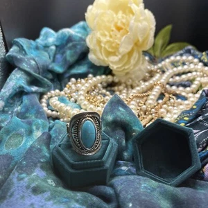 Turquoise Ring W Silver -ring Has Stretch Adjustable Band Costume - Picture 1 of 6