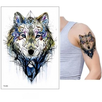 JUSTFOX Temporary Tattoo Wolf Forest Colourful Design Adhesive Tattoo