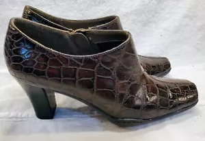 Aerosoles Ankle Bootie Side Zip Heels Women's Sz 7 Brn Snake Croc Embossed Shoes - Picture 1 of 10