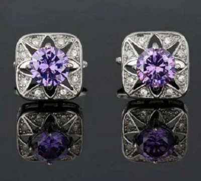 Hermosos gemelos eduardianos estilo vintage zafiro púrpura claro y circonita cúbica corte redondo Foto 1 de 4