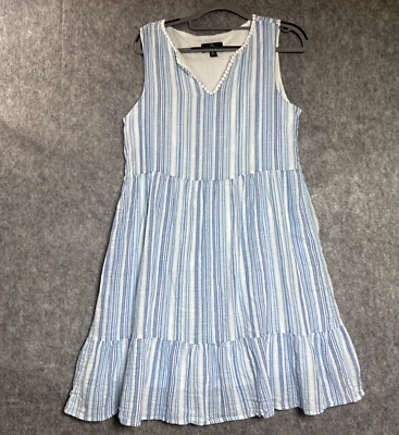 Ronni Nicole 连衣裙女式中号蓝色条纹无袖亚麻混纺分层波西米亚 — 第 1/4 张图片