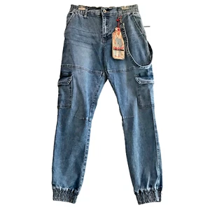 Elite Jeans Gurl Collection Size M Elastic High Waist 24"+ Cargo Blue Jeans NWT - Picture 1 of 9