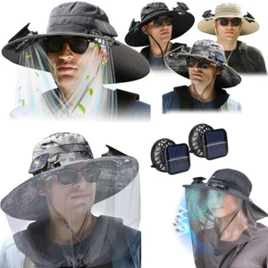 Wide Brim Fan Hat W/ Head Net Solar & USB Powered Camping Fishing Sun Protection - Picture 1 of 16