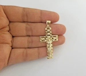 Real 10k Yellow Gold Cross Pendant Charm Jesus Crucifix Men 10kt - Picture 1 of 6