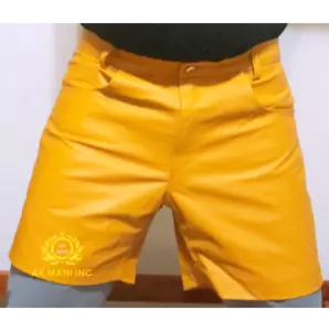 Mens Genuine Leather Short Yellow Casual 5 Pockets Short Zipper Fly Real Leather - Picture 1 of 3