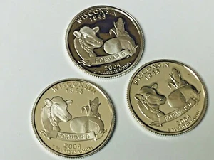 THREE WISCONSIN 2004-S 90% SILVER PROOF G.WASHINGTON STATEHOOD QUARTERS - Bild 1 von 3