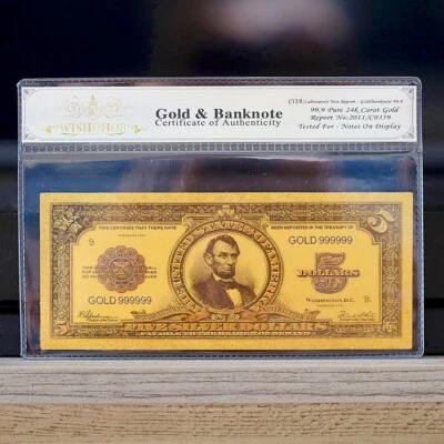 100mg 24K Gold 1923 $5 Lincoln Porthole Silver Certificate Banknote w/White COA - Image 1 of 2