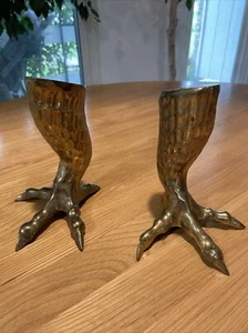 Vintage Set Figural Brass Eagle/Chicken Talon Claw Candlesticks Mid-Century 6.5" - Picture 1 of 8