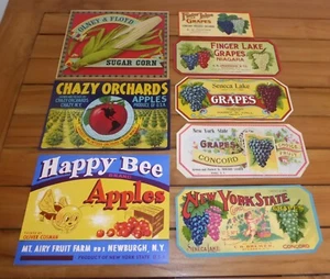 8 VINTAGE ORIGINAL GRAPE APPLE CORN ANTIQUE CRATE LABELS C1900-1950S NEW YORK - Picture 1 of 8