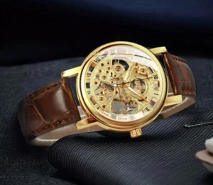 ⭐⭐Herren Armbanduhr mit Lederarmband100% Mechanisch Skelett Uhr Neu mit Box⭐⭐ - Bild 1 von 6