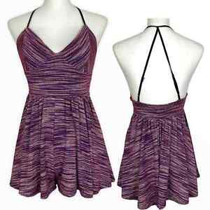 Urban Outfitters Ecote Womens Stripe Romper Small Purple Shorts V-Neck