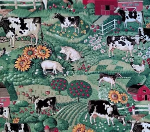 Joan Kessler Concord Fabric Farm Scene Cows Red Barn Chickens Country 34 x 44 - Picture 1 of 2
