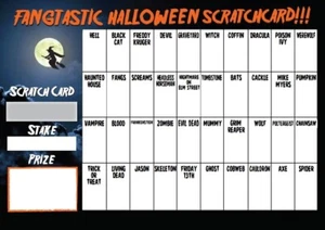 40 NAME HALLOWEEN Themed Fundraising SCRATCHCARD Charity Event Not Football Team - Picture 1 of 1