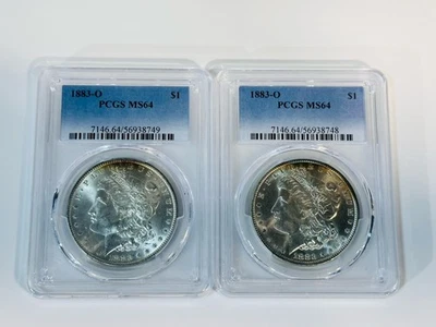 LOTE DE 2: 1883-O PCGS MS64 MORGAN DÓLARES PRATA US$ 1 - Imagem 1 de 4