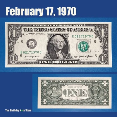 February 17, 1970 Birthday Anniversary $1 One Dollar Bill Serial Number 02171970 - Image 1 of 2