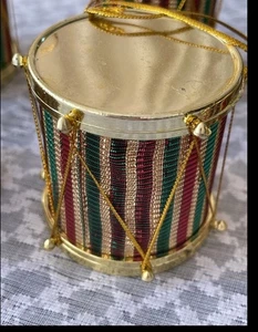 6 Vtg Christmas Drum Ornaments Red Green Gold 2” Stripe Drummer Boy Gift - Picture 1 of 17